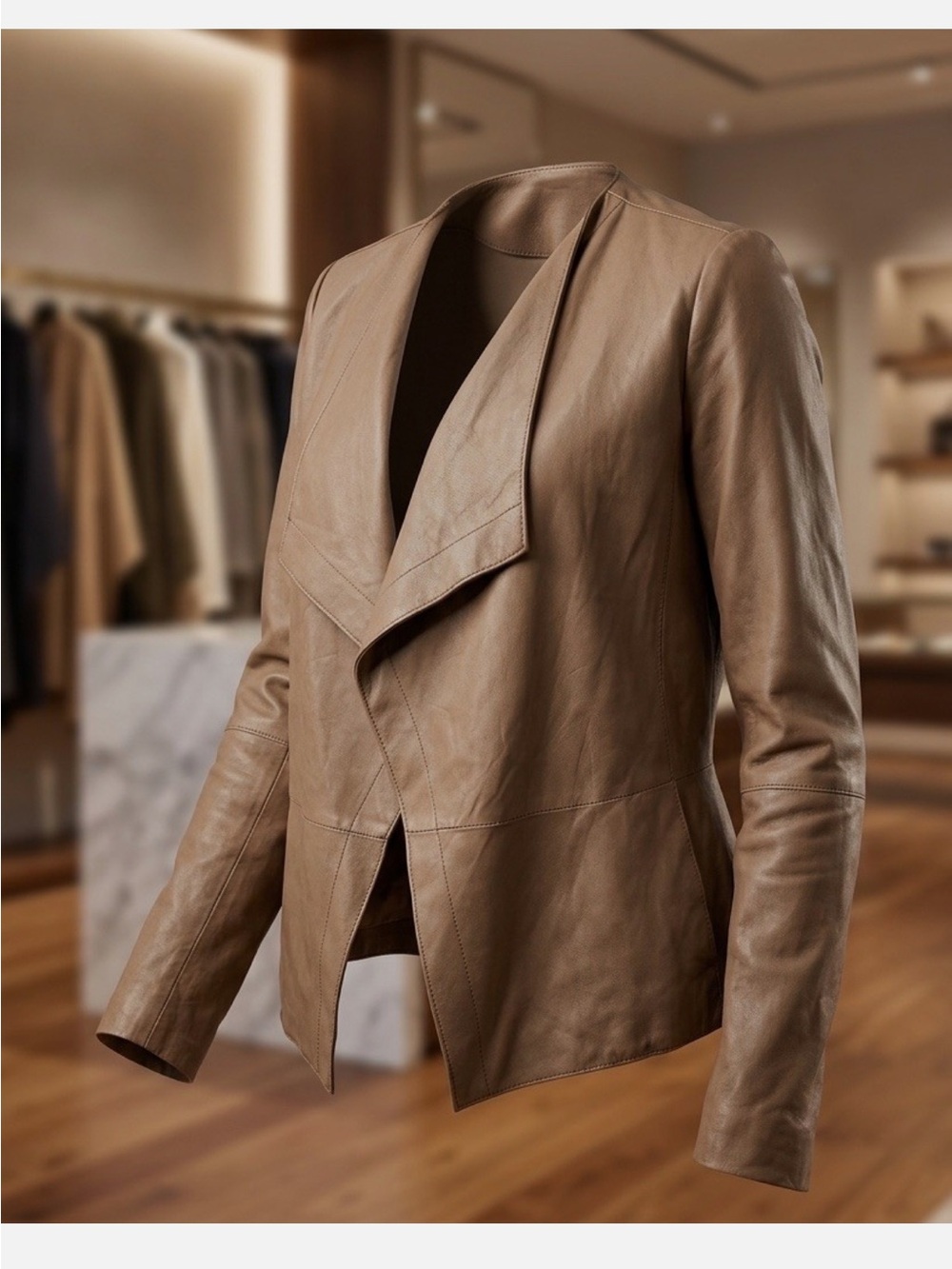 Vince Taupe Open-Front Draped Leather Jacket